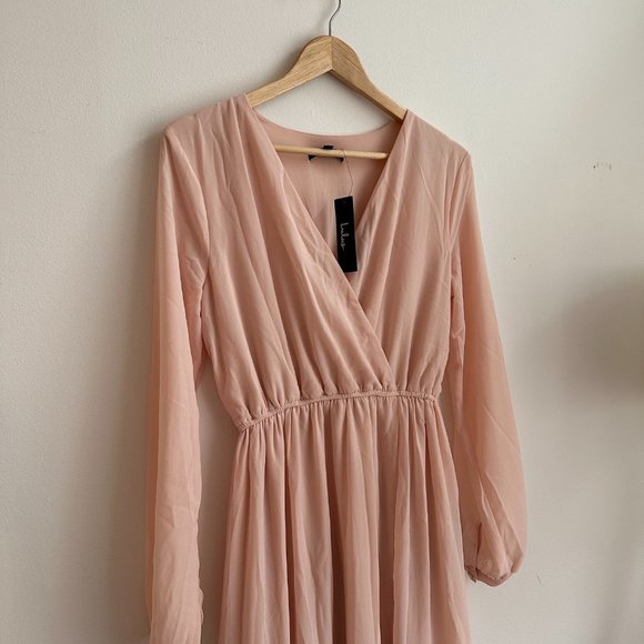 NWT LULU'S Wondrous Water Lilies Blush Pink Long SleeveMaxi Dress With Leg Slit - Picture 3 of 9